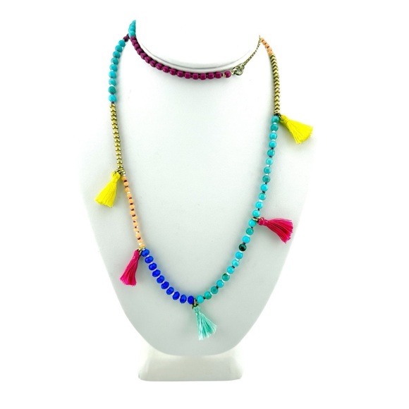 J. Crew Blue, Turquoise and Pink Beaded Tassel Necklace Contemporary Fashion - Picture 1 of 4